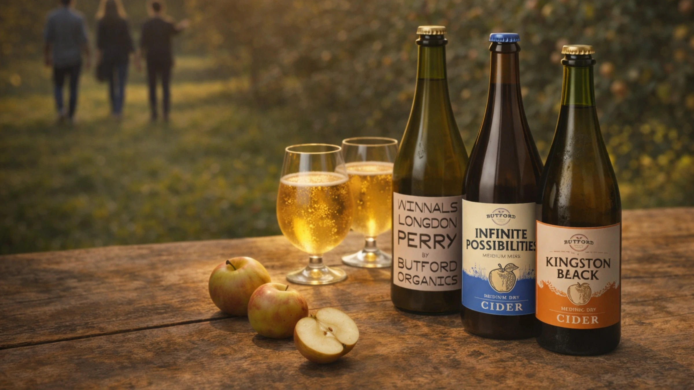 Organic orchard in Herefordshire with perry bottles and glasses on a rustic table