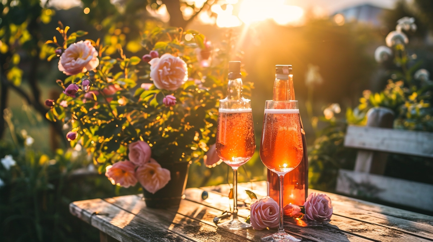 what-is-rose-cider-outside-in-the-sun-with-flowers-in-bottles