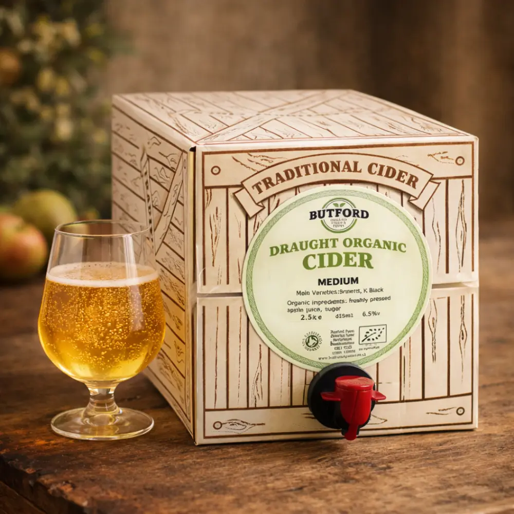 Organic draught cider in bag-in-box format on table